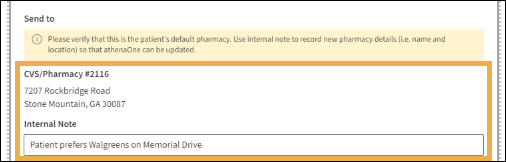 Sent to section with yellow highlight box around pharmacy and note sections.